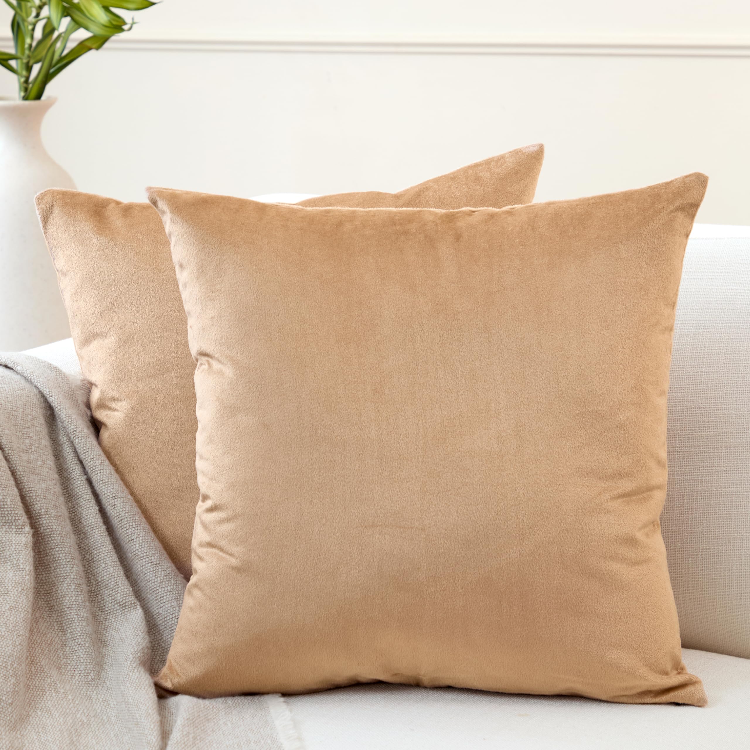 Encasa XO Velvet Cushion Covers (45x45 cm) Set of 02 | Gold | Luxurious Square Velvet Throw Pillow Covers With Invisible Zippers | Living Room, Sofa, Chair