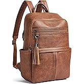 Leather Laptop Backpack for Women, 15.6" Causal Daypack Backpacks Purse Computer Backpack with Laptop Compartment for Travel Work College Business, Brown