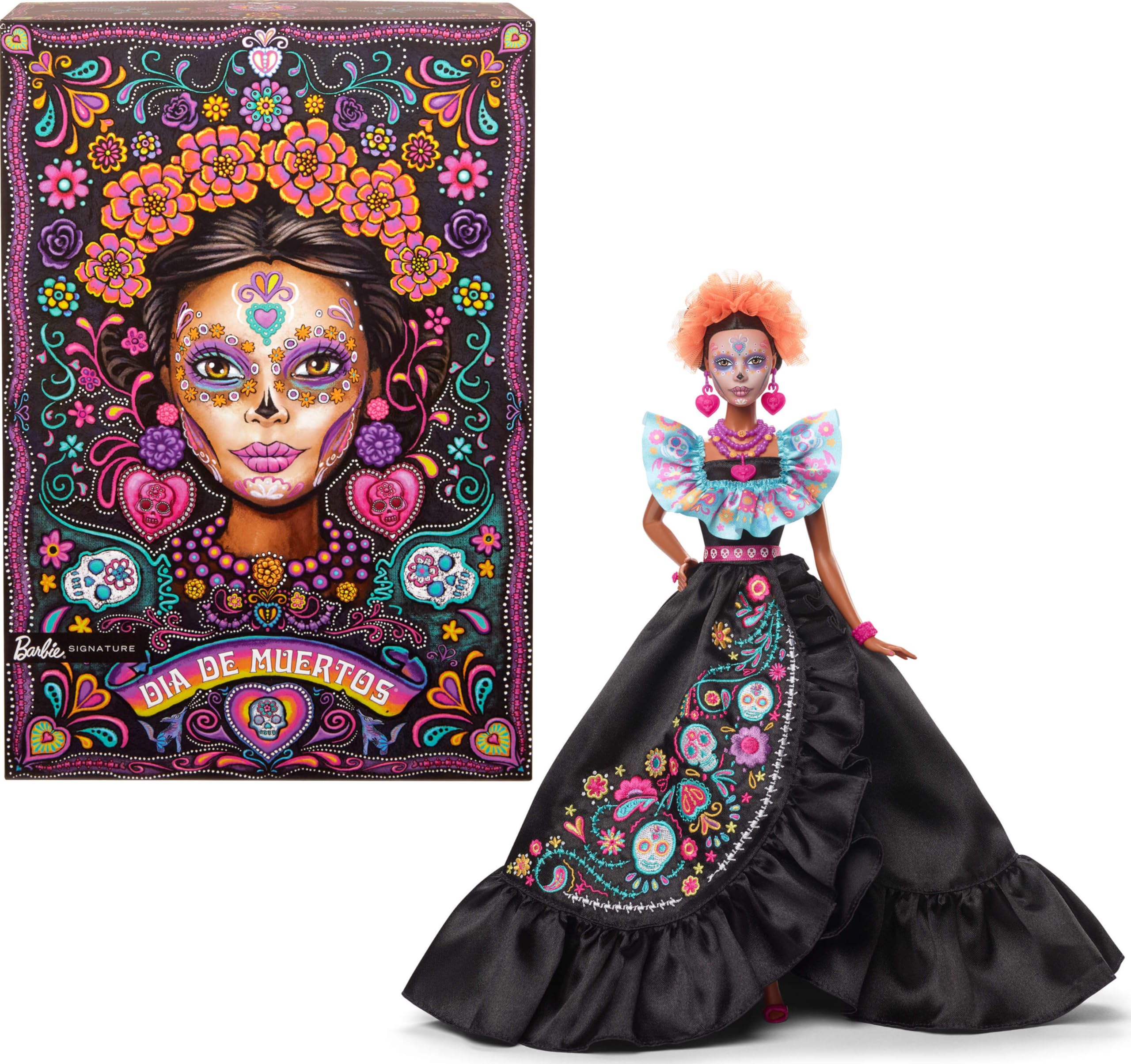 Photo 1 of Barbie Signature Doll, 2024 Día De Muertos Collectible in Black Dress with Blue Ruffle Top, Embroidered Print, and Colorful Accessories