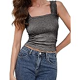 PICPUNMAK Women Square Neck Wide Straps Crop Tank Tops Flower Lettuce Trim Crop Vest Slim Fitted Sleeveless Cropped Cami Top