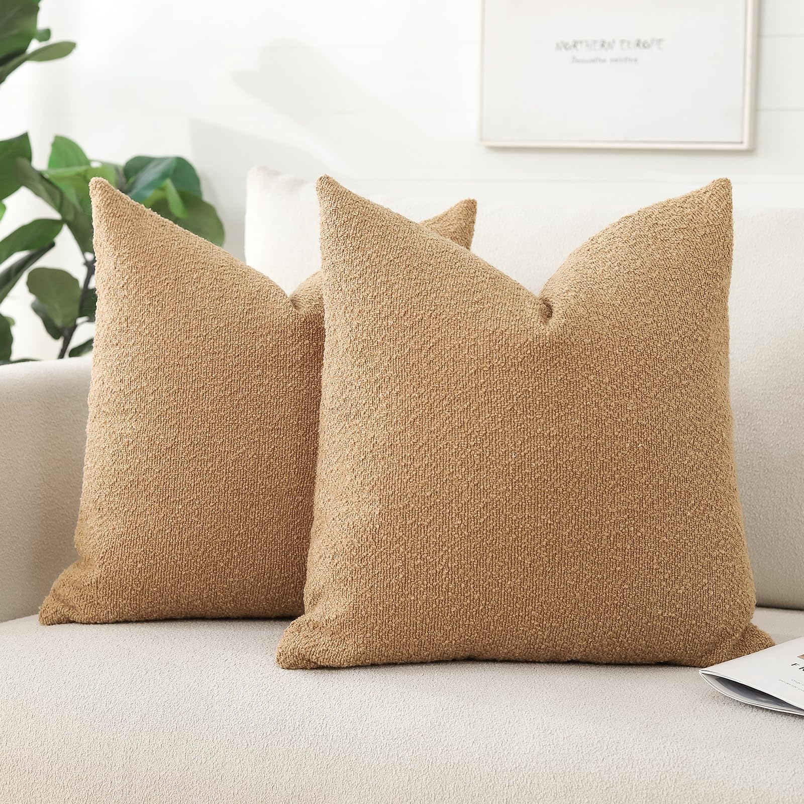 Artscope Pack of 2 Textured Boucle Cushion Covers Square Pillow Cases Cozy Soft Decorative Couch Pillow Covers for Chair Sofa Bedroom Living Room Home Decor 60x60cm, Tobacco