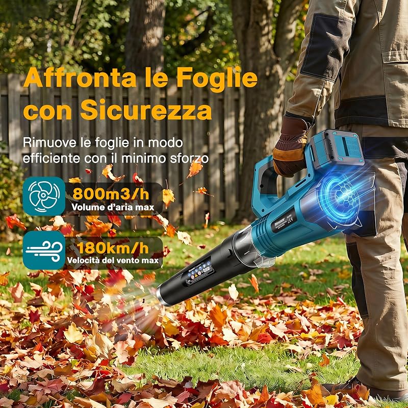Soffiatore a Batteria Professionale, Motore Brushless, 4 Velocità + Turbo