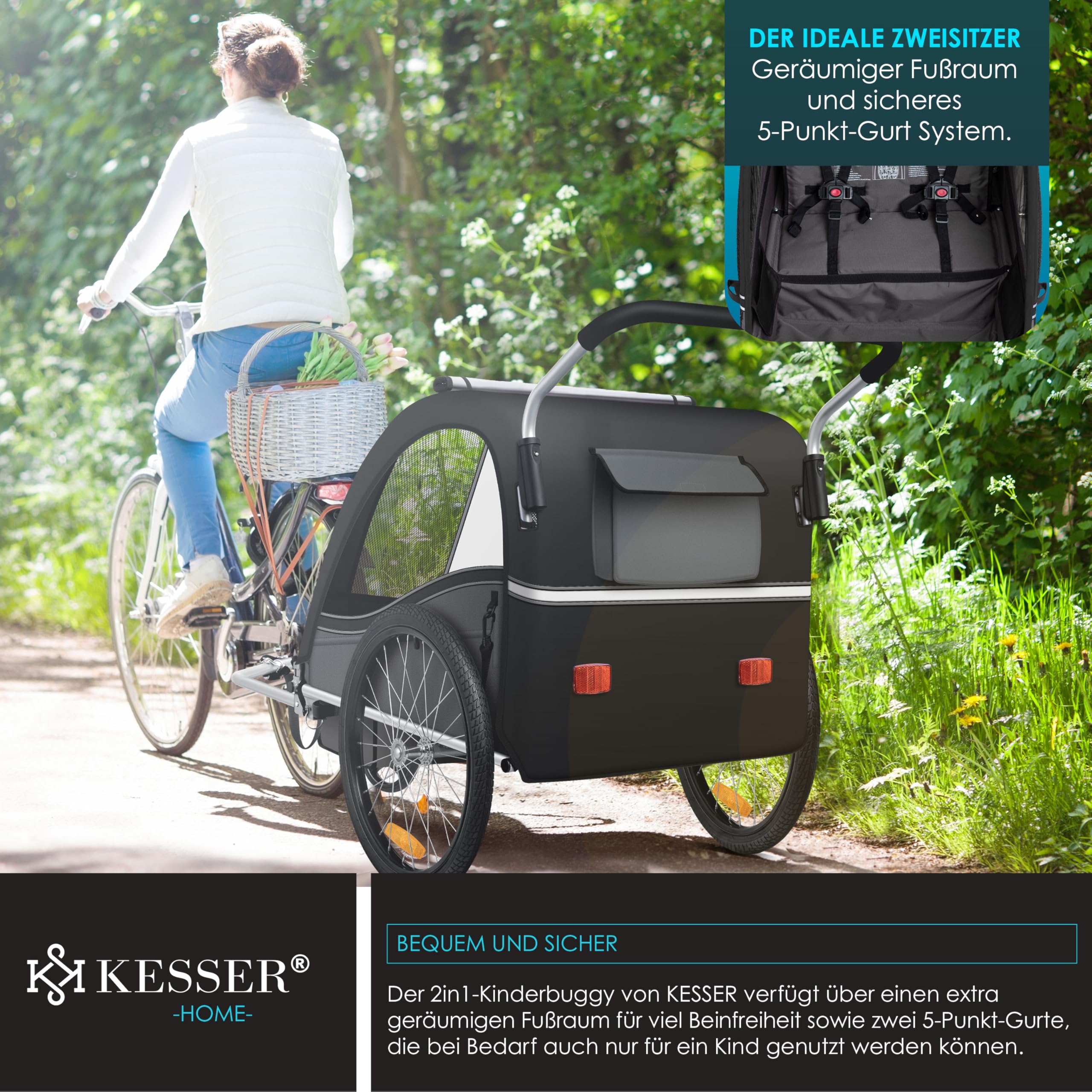 KESSER® Kinderfahrradanhänger Sport-RX 2in1 Jogger & Buggy 5-Punkt-Gurt Sicherheitsgurt 360° Vorderrad Kinderfahrradanhänger Reflektoren für 1-2 Kinder (max. 40 kg) Getränkehalter & Smartphonefach 5