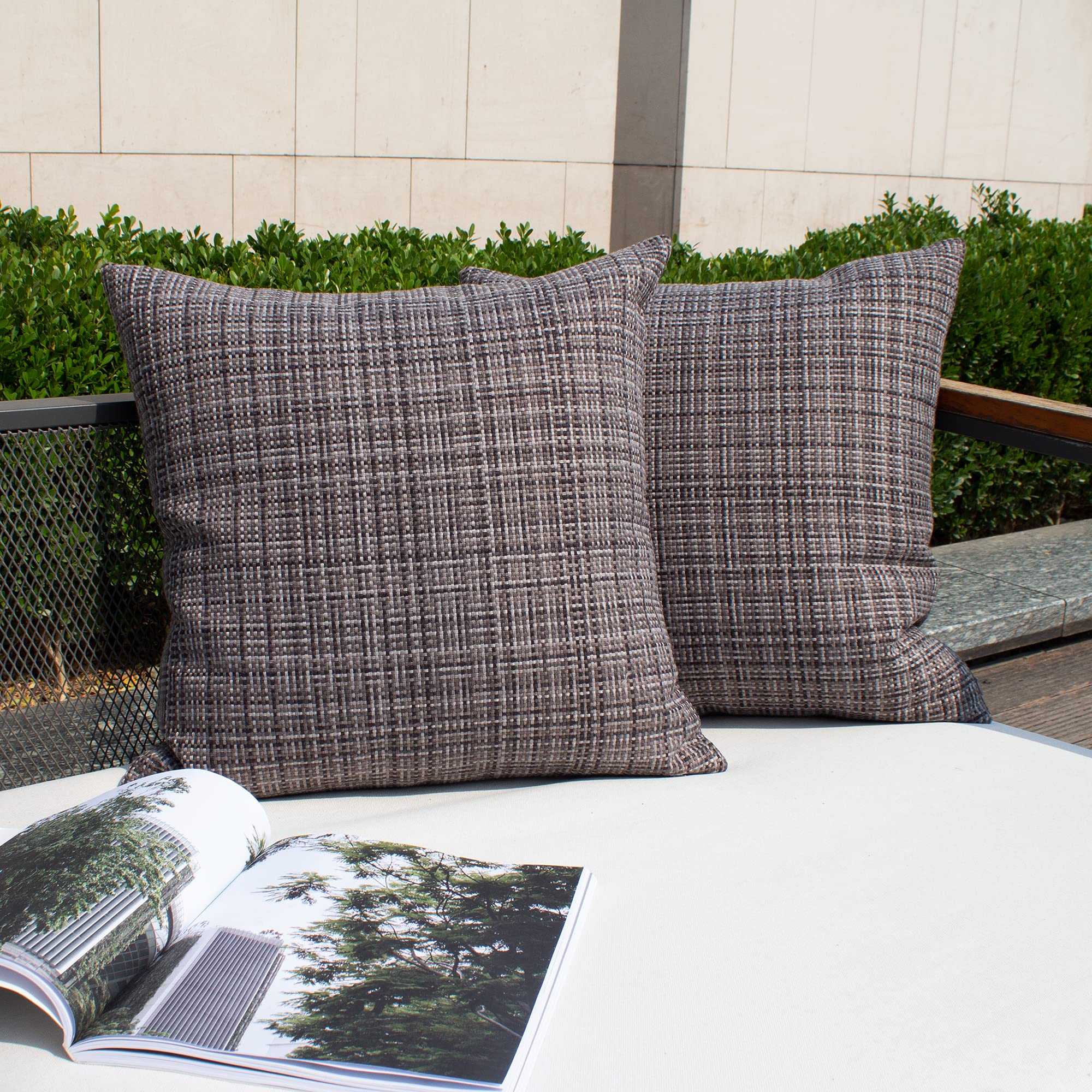 Photo 1 of Kevin Textile Pack of 2 Decorative Outdoor Waterproof Throw Pillow Covers Stripe Square Pillowcases Modern Cushion Cases for Patio Couch Bench 18 x 18 Inch Grey