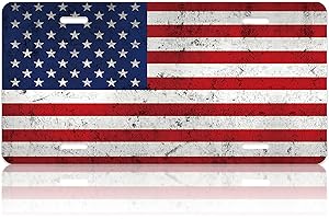 LOISTAVA American Flag Patriotic US Car Front License Plate Cover USA Flag Personalised License Plate Rust-Proof Metal Car Plates Tag Stainless Steel Funny Novelty Vanity Tag Decor with 4 Holes for Men Women