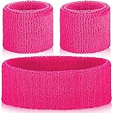 3 Pieces Neon Sweatbands Wristband Headband Set, 80s/90s Outfits for Women Sports Wristband Headband Terry Cloth Athletic Sweat Bands 80s Women Accessories for Glow Party Supplies Halloween Costume