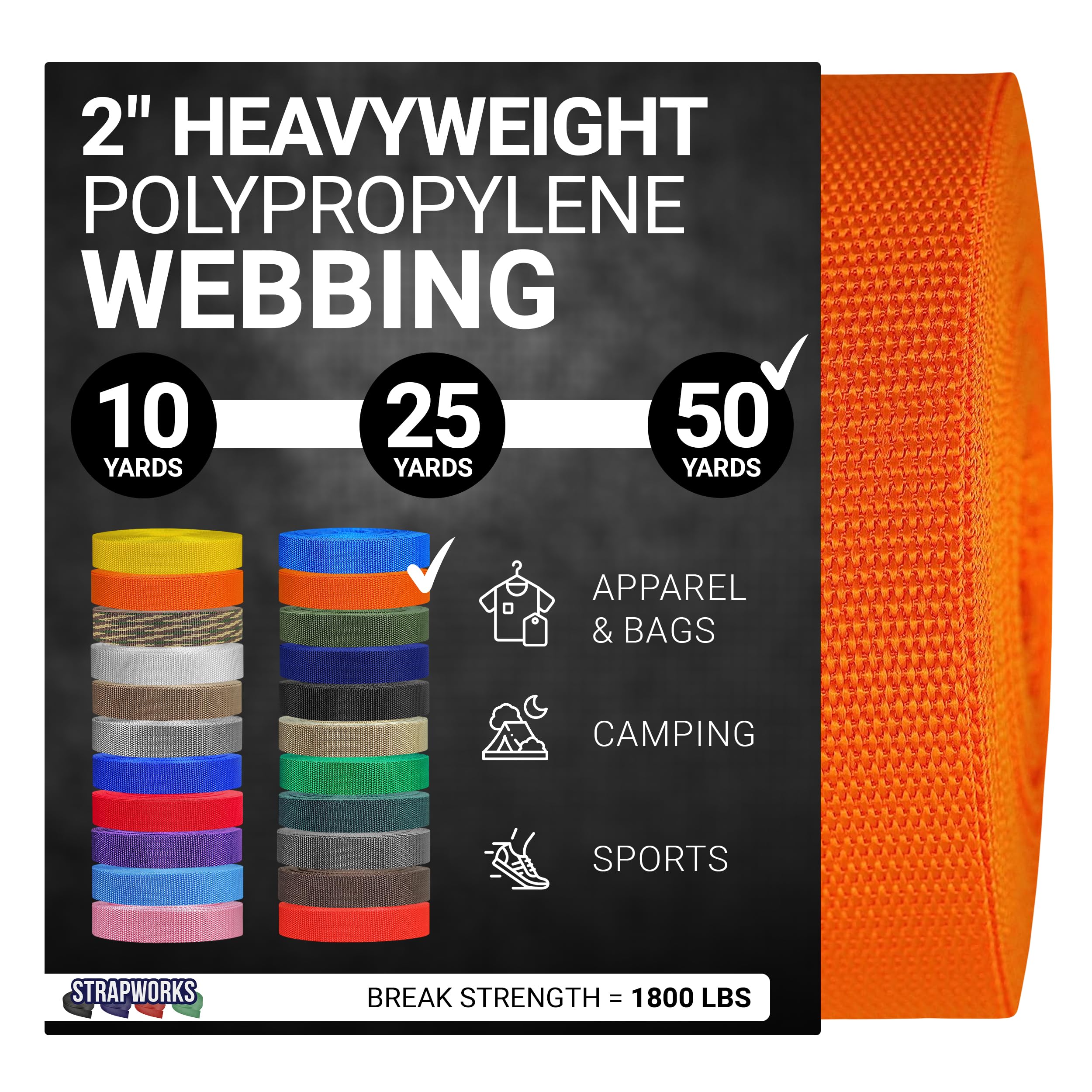 Strapworks Heavyweight Polypropylene Webbing - Heavy Duty Poly Strapping for Outdoor DIY Gear Repair, 2 Inch x 50 Yards - Orange