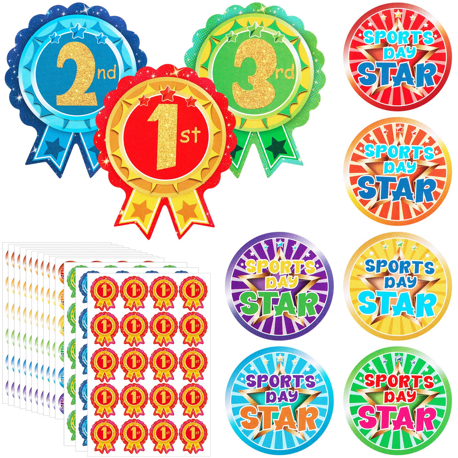 Tenare 300 Sports Day Stickers for Kids, 240 Star Animal & 60 1st 2nd 3rd Rosette Award Stickers for School PE Events, Competitions and Classroom Rewards(Classic Style)