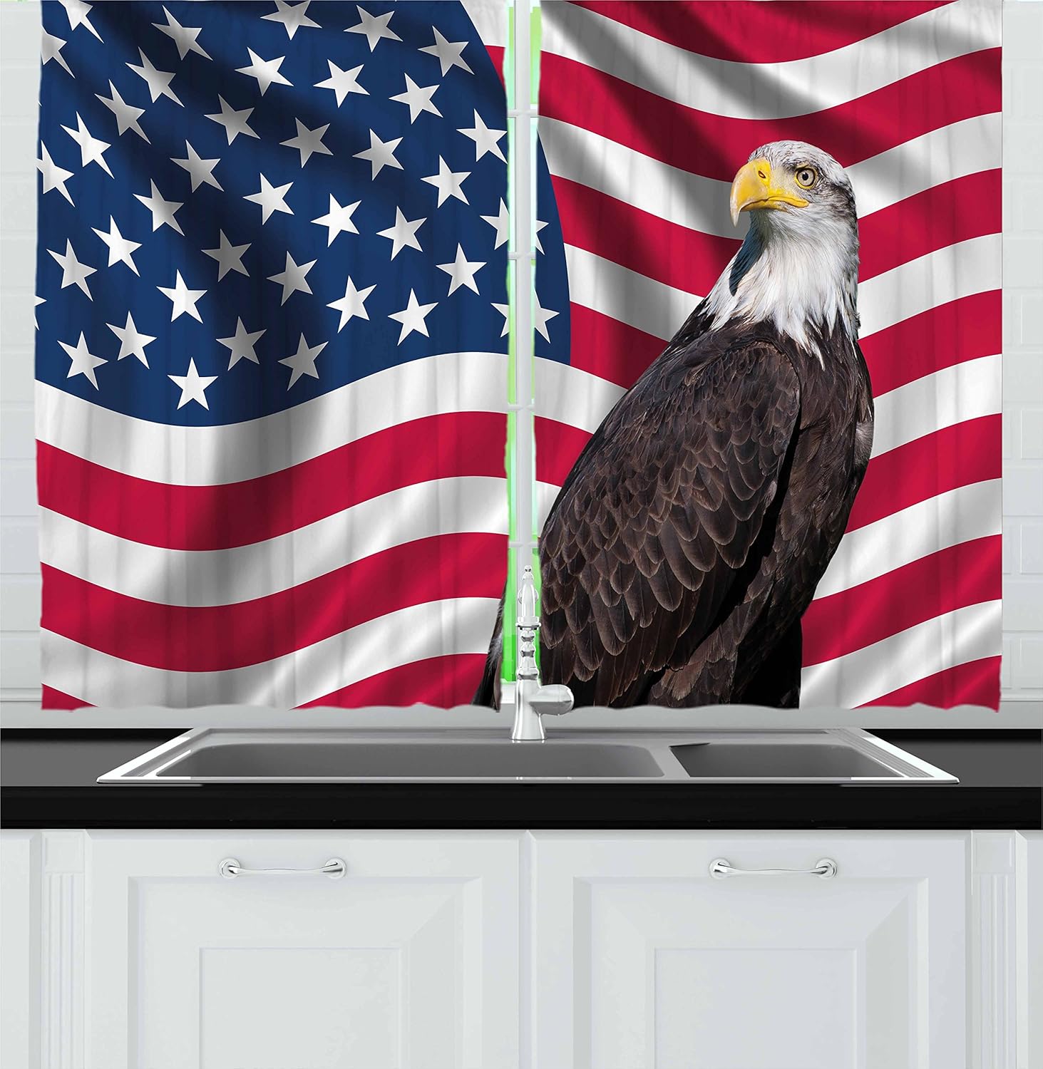 Ambesonne Eagle Kitchen Curtains, American Flag with a Bald Eagle USA Theme Image Print Old Glory Background and Bird, Window Drapes 2 Panel Set for Kitchen Cafe Decor, 55" X 39", Multicolor