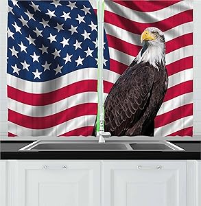 Ambesonne Eagle Kitchen Curtains, American Flag with a Bald Eagle USA Theme Image Print Old Glory Background and Bird, Window Drapes 2 Panel Set for Kitchen Cafe Decor, 55" X 39", Multicolor