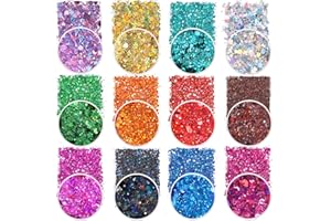 ESTANOITE Holographic Chunky Glitter Sequins, 12 Colors Mixed Cosmetic Glitter for Face Body Eye Hair Nail Art Lip Gloss Makeup, Festival Glitter with Different Hexagons Size and Stars (Laser Mix)