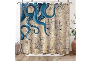 Fungarth Vintage Nautical Octopus Shower Curtain Navy Blue Mermaid Funny Ocean Kraken Shower Curtains for Bathroom Anchor Coastal Map Waterproof Fabric Bath Curtain Decor with Hooks (Retro, 72” x 72”)