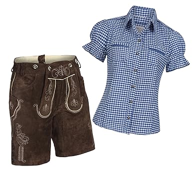Gaudi-Leathers Damen Set Trachten Lederhose Shorts dunkelbraun kurz + Träger + Trachtenbluse Mala kariert versch. Farben, Mar