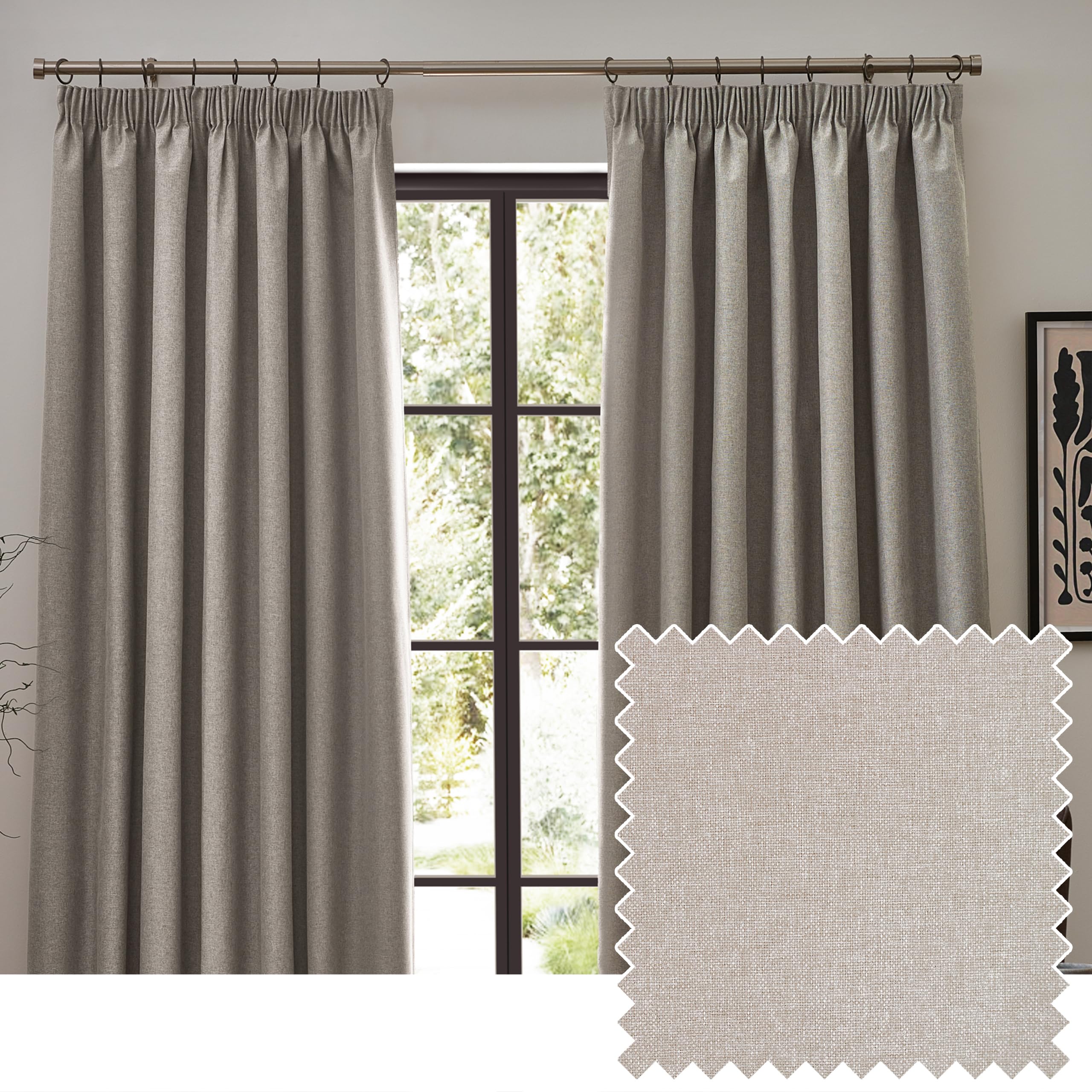 furn. Dawn Textured Blackout Pencil Pleat Curtains – Thermal Lined Pair (Linen - Width 117 x Drop 137cm)