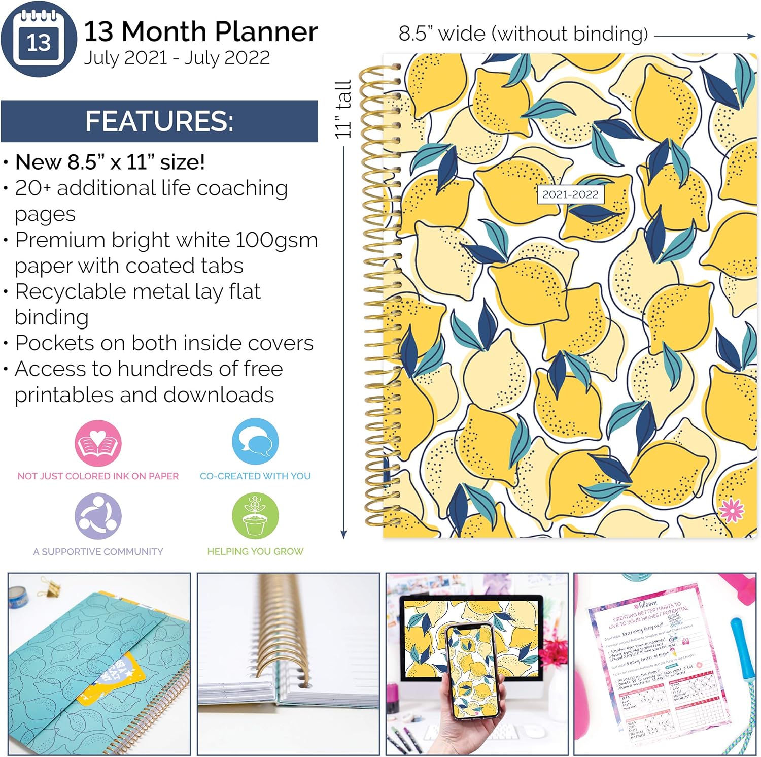 bloom daily planners 2021-2022 (8.5" x 11") Academic Year Day Planner (July 2021 - July 2022) - Weekly/Monthly Dated Agenda Calendar Organizer with Tabs - Lemons : Office Products