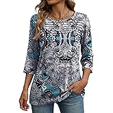 Zeagoo Womens Tops 3/4 Length Sleeve Blouses Dressy Casual Shirt Pleated Front Tunic Floral Printed Spring Clothes