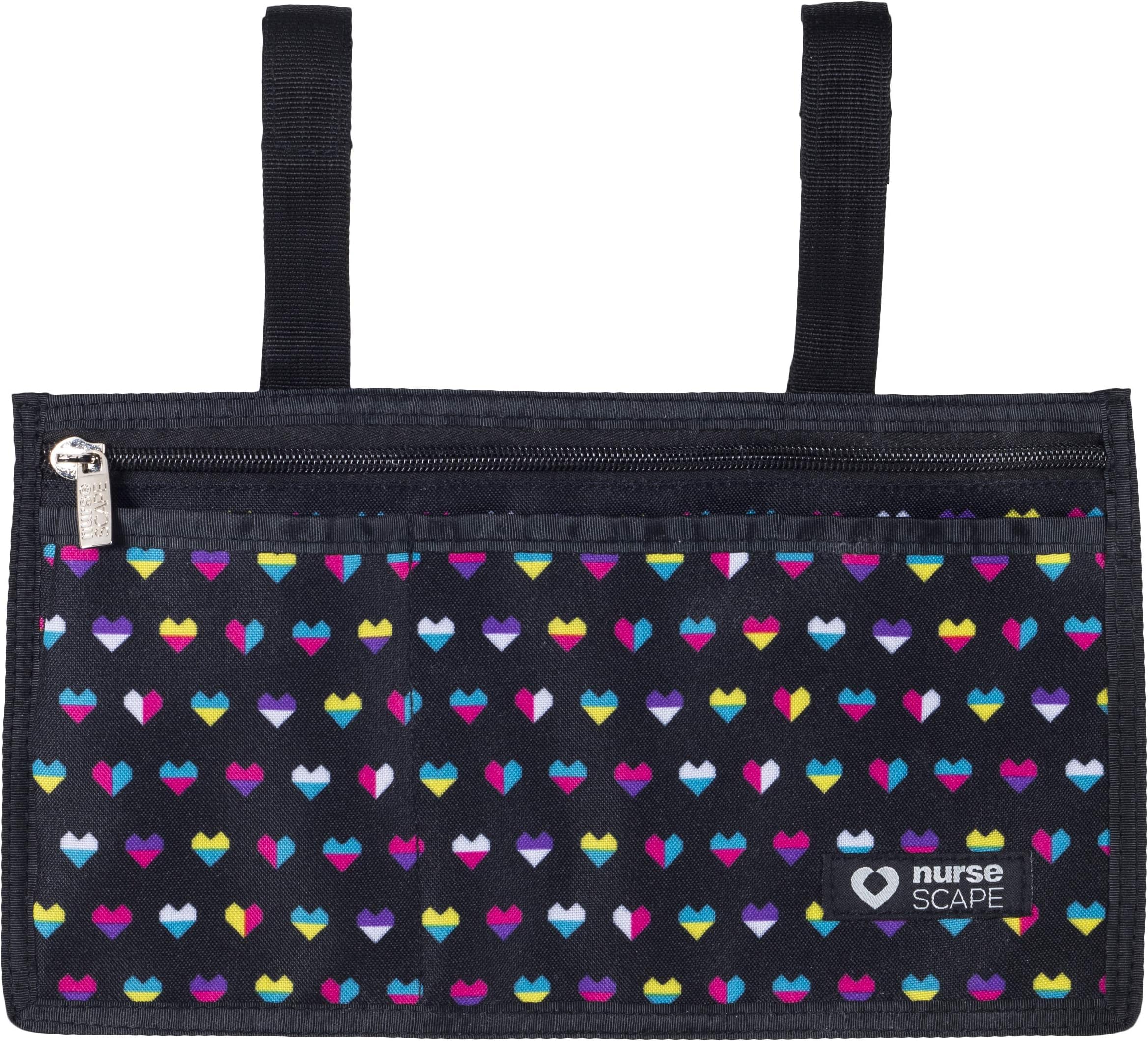 Wheelchair Armrest Pouch Organizer Bag for Side of Chair, 3 Pocket Tote, Arm Rest Storage Accessories for Electric, Manual or Powered Chairs (Pink-White Hearts)