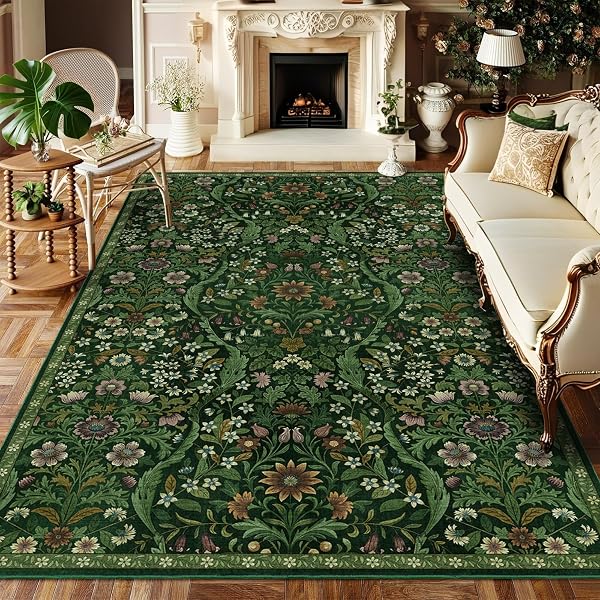 FLORAL WASHABLE 6X9 AREA RUG，DARK GREEN BOHO RUGS...