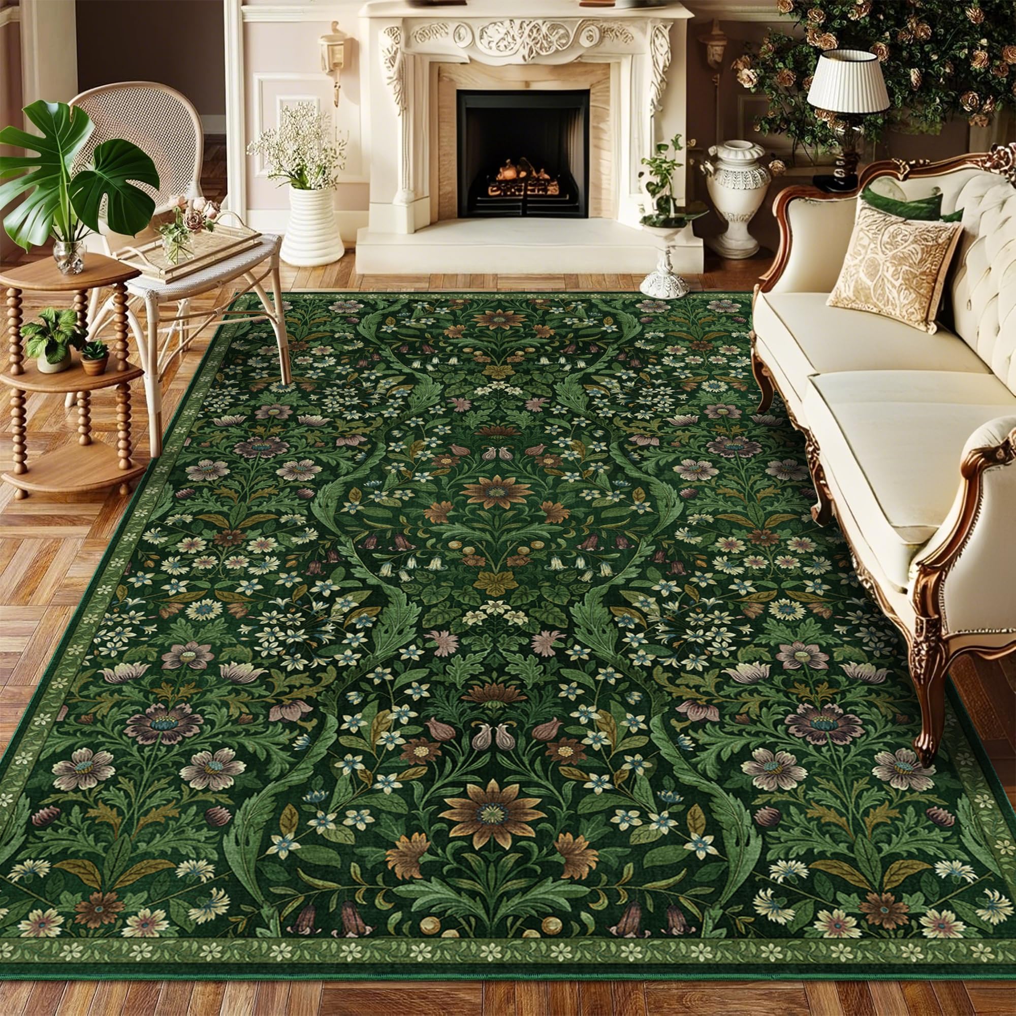 Photo 1 of Floral Washable 6x9 Area Rug?Dark Green Boho Rugs for Living Room, Soft Low-Pile Non-Slip Stain Resistant & Non-Shedding Carpet for Bedroom, Dining Room, Office, Entryway, Nursery
