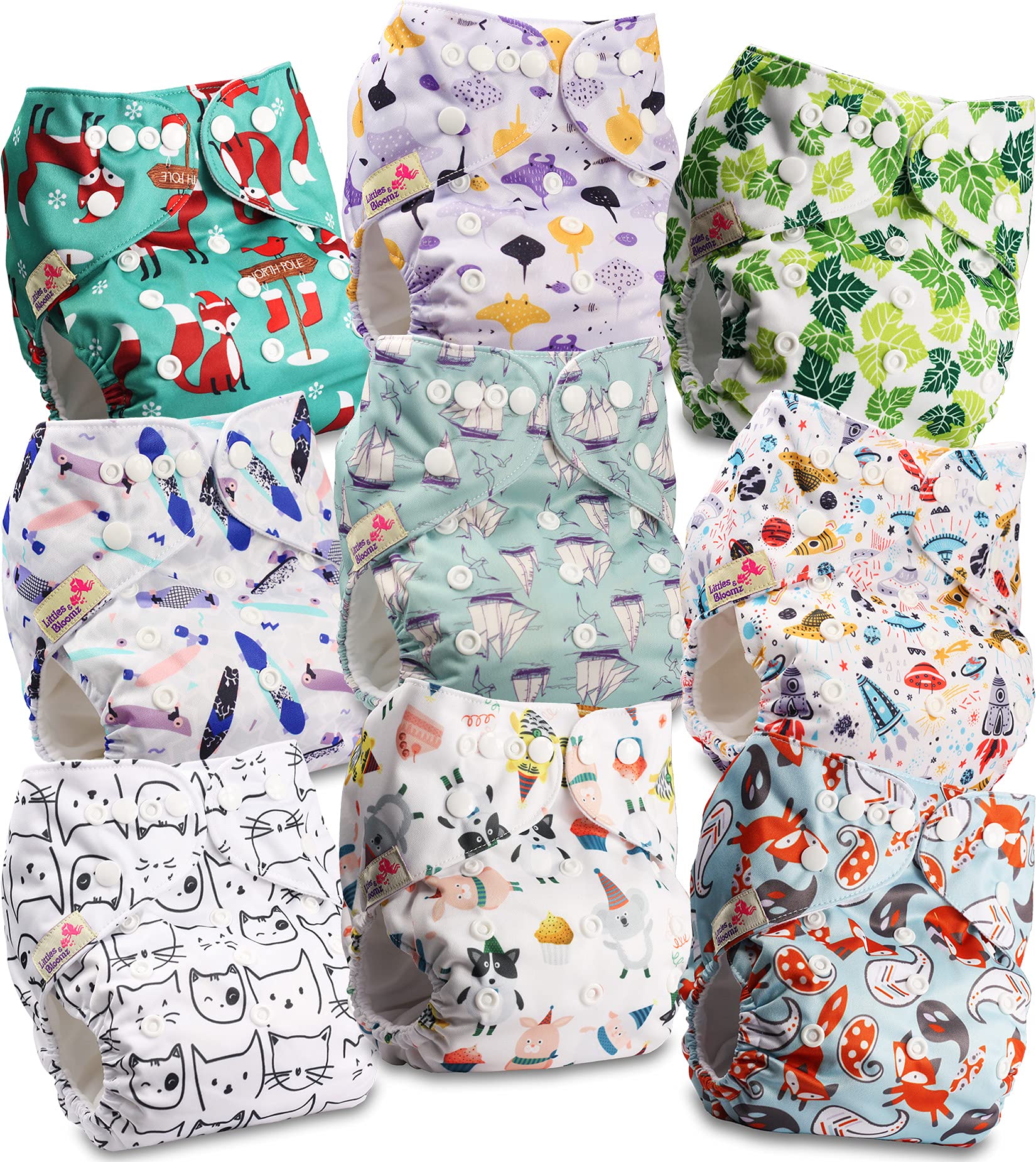 Littles and Bloomz Baby Reusable Pocket Nappy Cloth Diaper, Standard Popper, 9 Nappies, FLP2-0907
