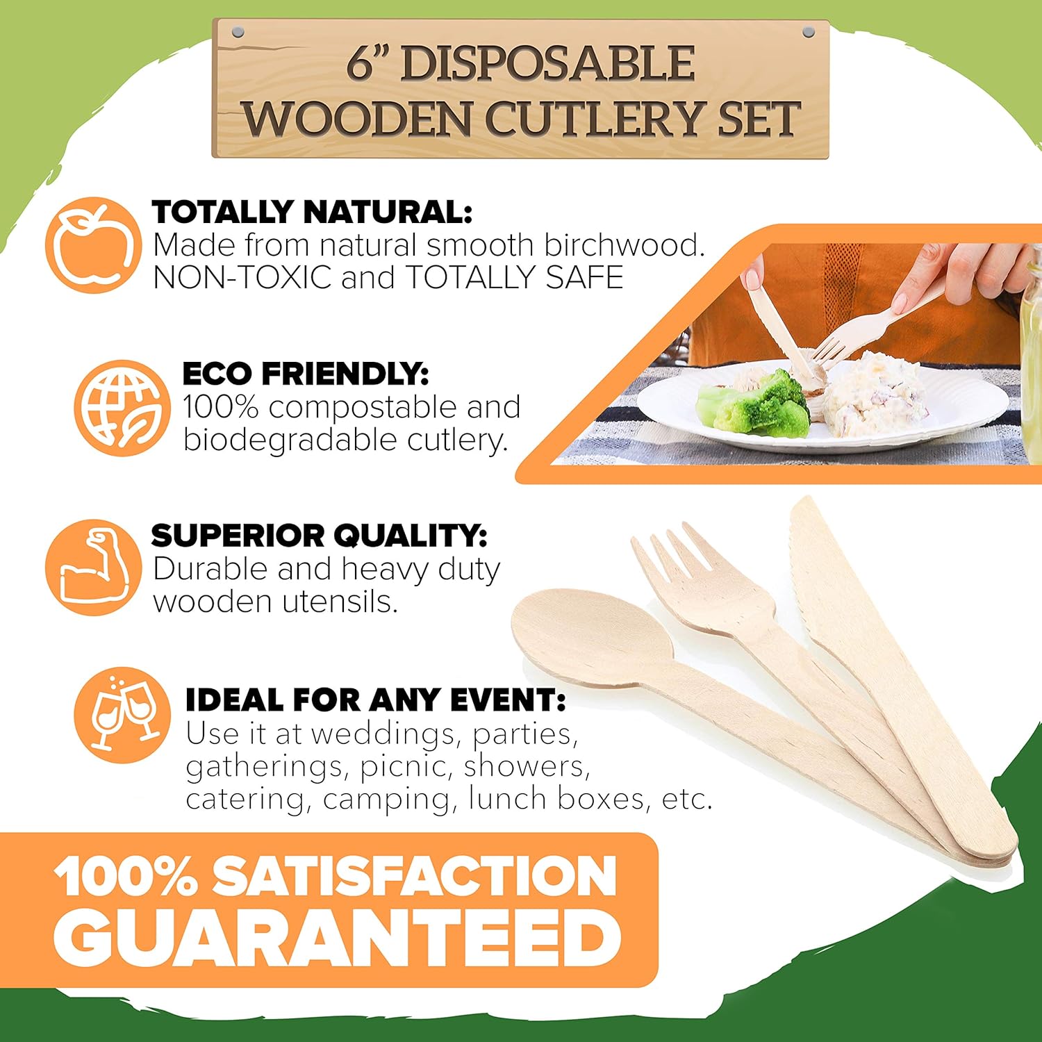 Disposable Wooden Spoons - Pack of 100, 6" Length Eco-Friendly 100% Compostable Biodegradable, Natural Wooden Utensils, Party Use, Camping by GREEN & AWESOME: Kitchen & Dining