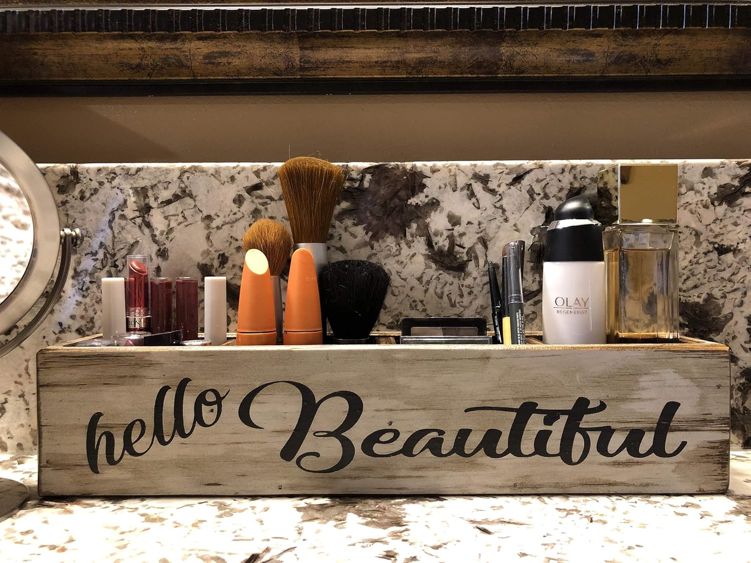 Amazon Com Makeup Organizer Countertop Hello Gorgeous Beautiful Or Keep It Simple Cosmetic Accessory Wood Box Tray Caddy With Dividers Bathroom Counter Decor Vanity Office Desk Beauty Customize Saying Handmade