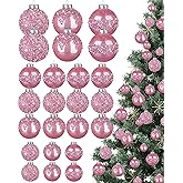 Civaner 24 Pcs Glitter Christmas Ball Ornaments Set 3.2'' 2.4'' 1.6'' Christmas Tree Ornaments Hanging Sequin Shatterproof Balls for Xmas Tree Wreath Garland Xmas Home Decor(Pink)