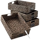Casafield Set of 4 Water Hyacinth Pantry Baskets, 12-1/2" x 17" x 5", with Chalkboard Labels and Chalk Marker - Espresso, Woven Storage Bin Organizers for Kitchen Shelves