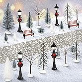 Hotop 28 Pcs Mini Artificial Christmas Village Tree Set Snow Christmas Pine Bare Branch Trees Xmas Street Lamp Post Miniature Park Bench Seat Cobblestone Street for Decoration(Vivid)