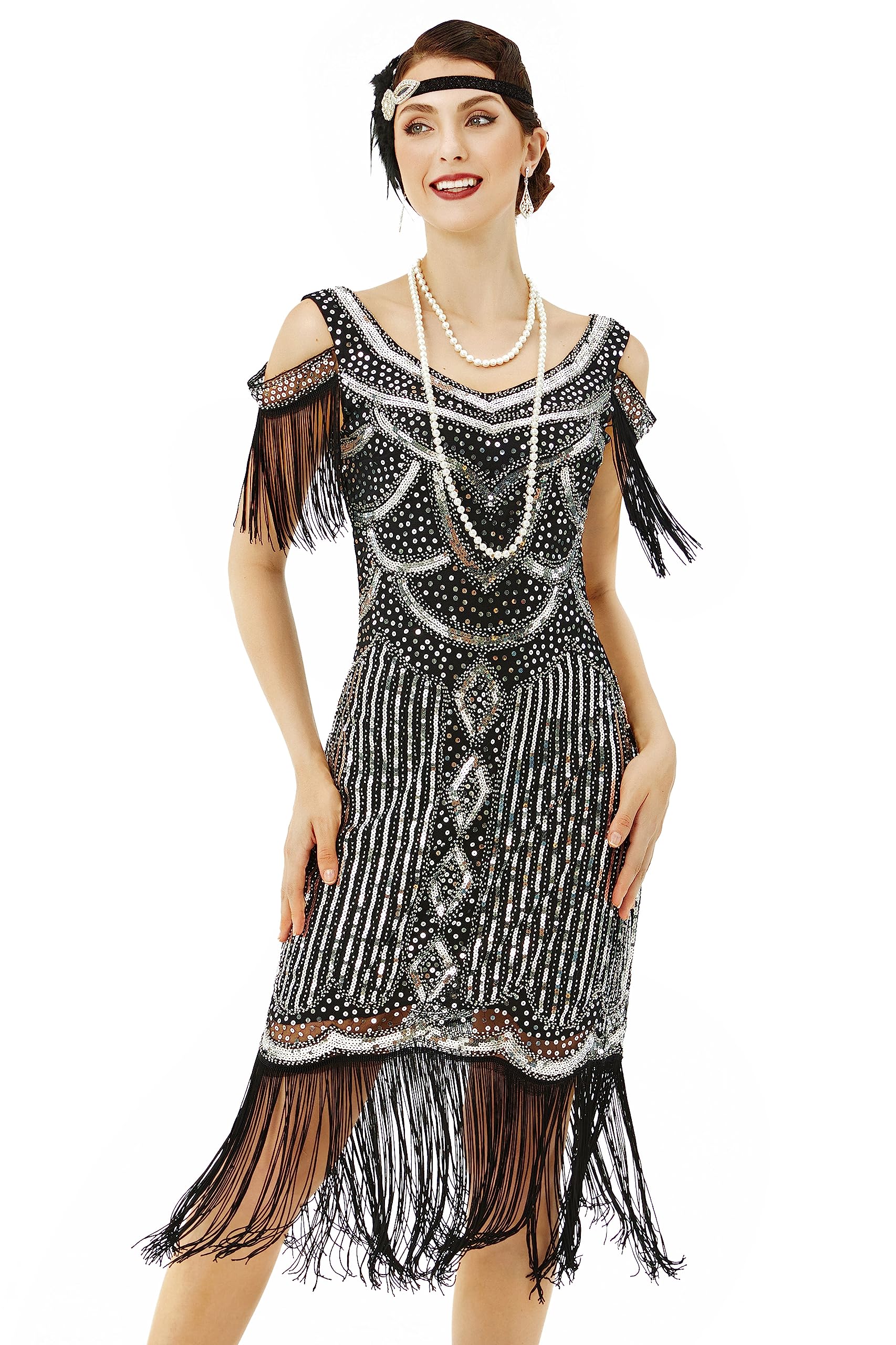 boohoo green sparkly dress BABEYOND Elegant See-through Long Sleeve Fringed Flapper Roaring 20s Dance Party Dress, Black, Size L