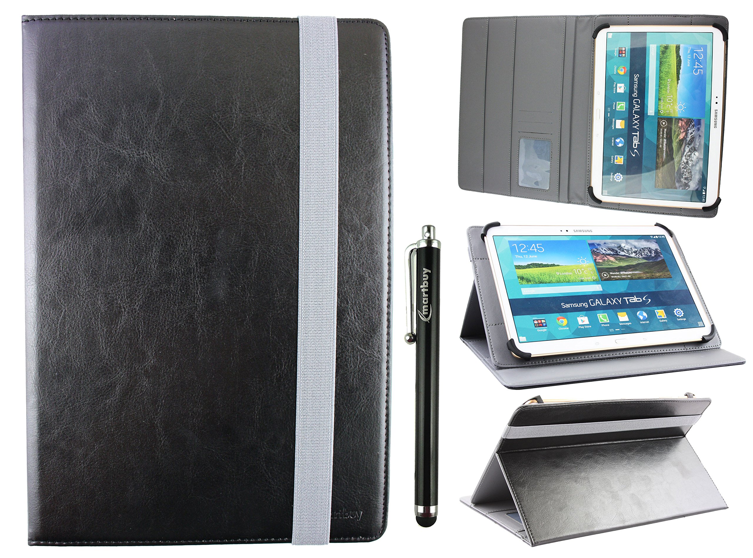 Emartbuy Universal 10-11.5 Inch Black Multi Angle Folio Wallet Case Cover With Card Slots Grey Elastic Strap and Stylus Pen Compatible With Selected Devices Listed Below