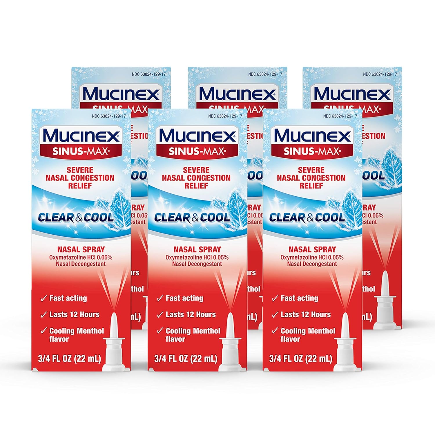 Mucinex Nasal Decongestant Spray, Sinus-Max Severe Nasal Congestion Relief Clear & Cool Nasal Spray, 0.75 fl. oz., Lasts 12 Hours, Fast Acting, Cooling Menthol Flavor, Packaging May Vary (Pack of 6) : Nasal Strips : Grocery & Gourmet Food
