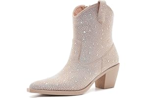 Aizhenzm Women’s Rhinestone Cowboy Boots Side Zipper Slip-on Style Chunky Heel Pointed Toe Glittering Cowgirl Boots