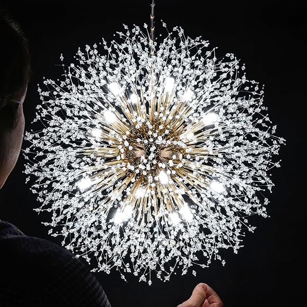 WELLMET FIREWORK CRYATSL CHANDELIER 30 INCH, GOLD FIORE CHANDELIERS MID CENTURY MODERN CONTEMPORARY BRASS CHANDELIER LIGHT FIXTURE FOR DINING ROOM LIVING ROOM BEDROOM HALLWAY ENTRYWAY FOYER