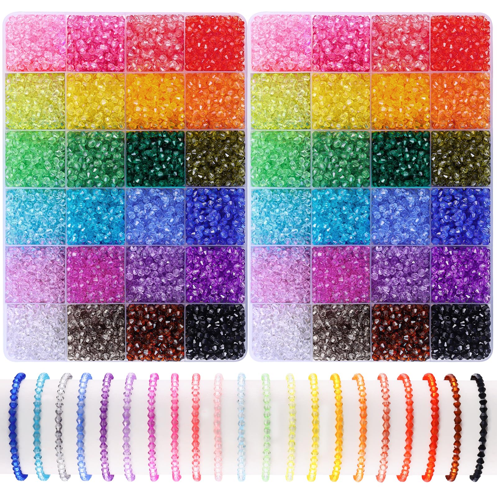 JOLCEEY 11200pcs 4mm Acrylic Biconical Crystal Beads, 24 Colors Faceted Bicone Acrylic Crystal Beads for Jewelry