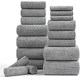 Ycosy 18 Piece Bath Towels Set,100% Microfiber Family Bathroom Towel with Hanging Loops-6 Bath Towels,6 Hand Towels,6 Washcloths,Quick Dry Highly Absorbent Shower Towel for Bathroom,Hotel,Spa-Grey