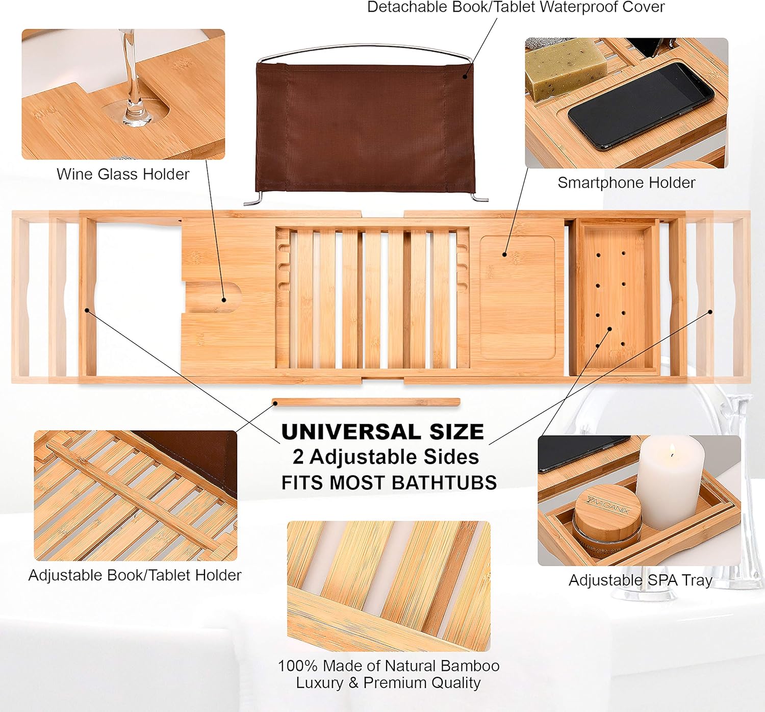 Bamboo Bathtub Tray - Perfect Expandable Bathtub Caddy with Reading Rack or Tablet Holder, This Premium Bath Tray Includes a Wine Glass Holder: Kitchen & Dining