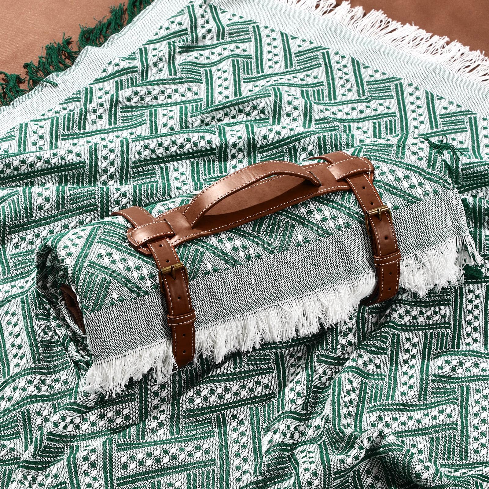 Photo 1 of VitalCozy Waterproof Picnic Blankets Outdoor Blanket Foldable 2 in 1 Double Layer Sandproof Beach Mat with Carry Strap for Camping Lawn Park Beach Grass(Green White)