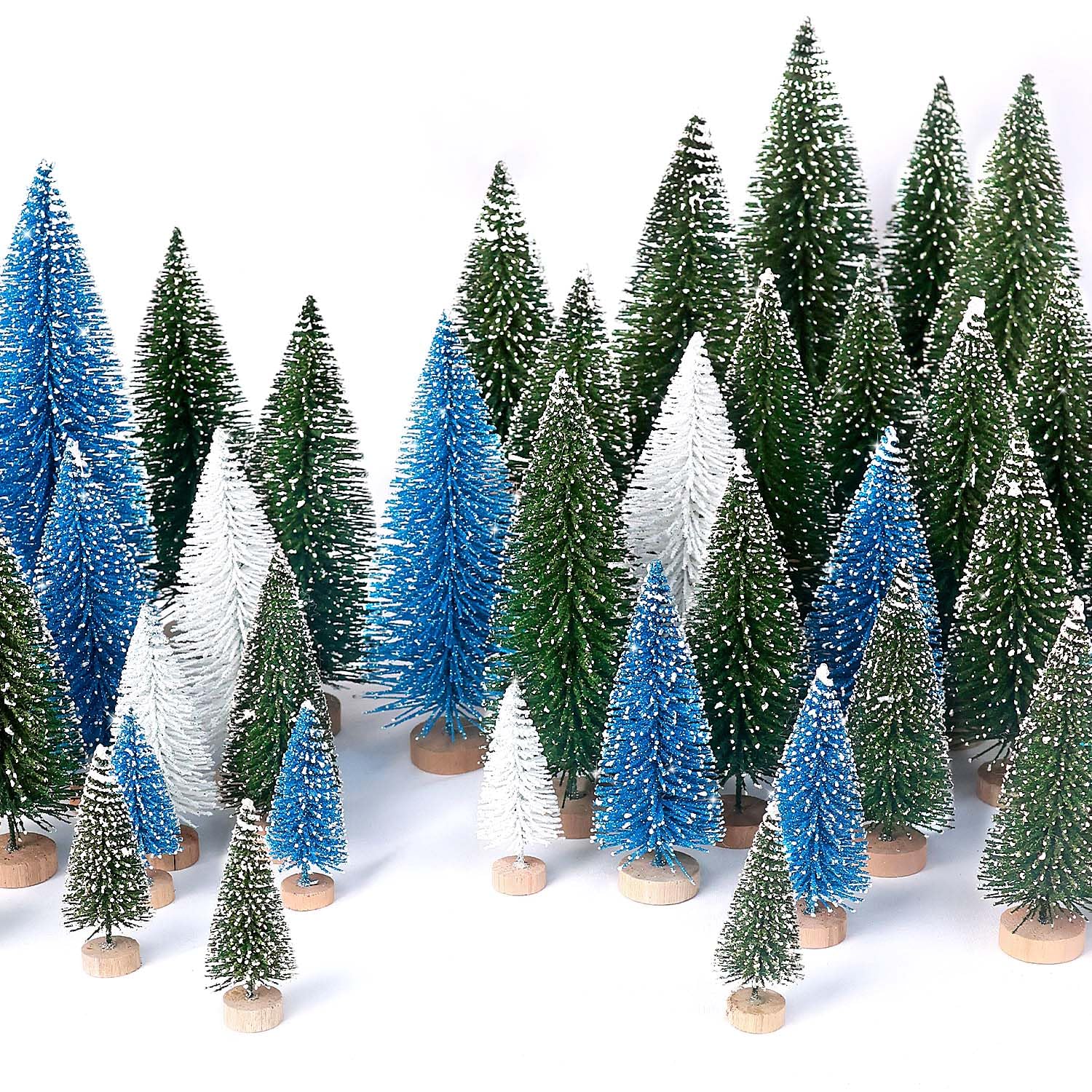 Photo 1 of 30Pcs Mini Christmas Trees Artificial Christmas Tree Bottle Brush Trees with Wooden Base for Christmas Decor Christmas Party Home Table Craft Decorations(Green+Blue+White)