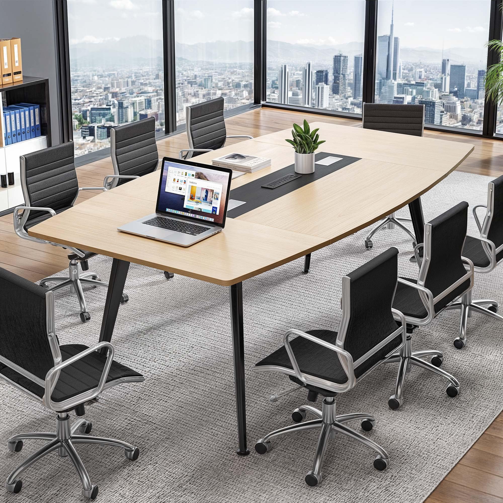 Photo 1 of YITAHOME 7.5FT Conference Table with Power Outlets, 90" Meeting Table with Rectangle Grommet, Boat Shaped Seminar Boardroom Table for Office Conference Room, Light Wood Grain