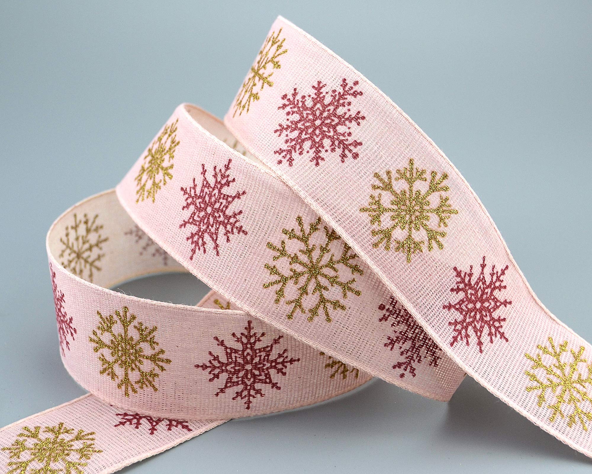 20 m x 25 mm Decorative Ribbon Linen Snowflakes Pink Gold 100% Cotton Sustainable Natural Friendly Biodegradable Ribbon Christmas Winter Snowflakes