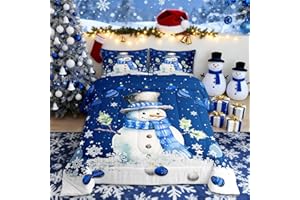 Homewish Cute Snowman Comforter Set Queen Size,Merry Christmas Quilt Set 3Pcs Xmas Bells and Snowflake Bedding Set for Kids Boys Girls Teens Room Decor Cartoon Blue White Duvet Insert,2 Pillowcases