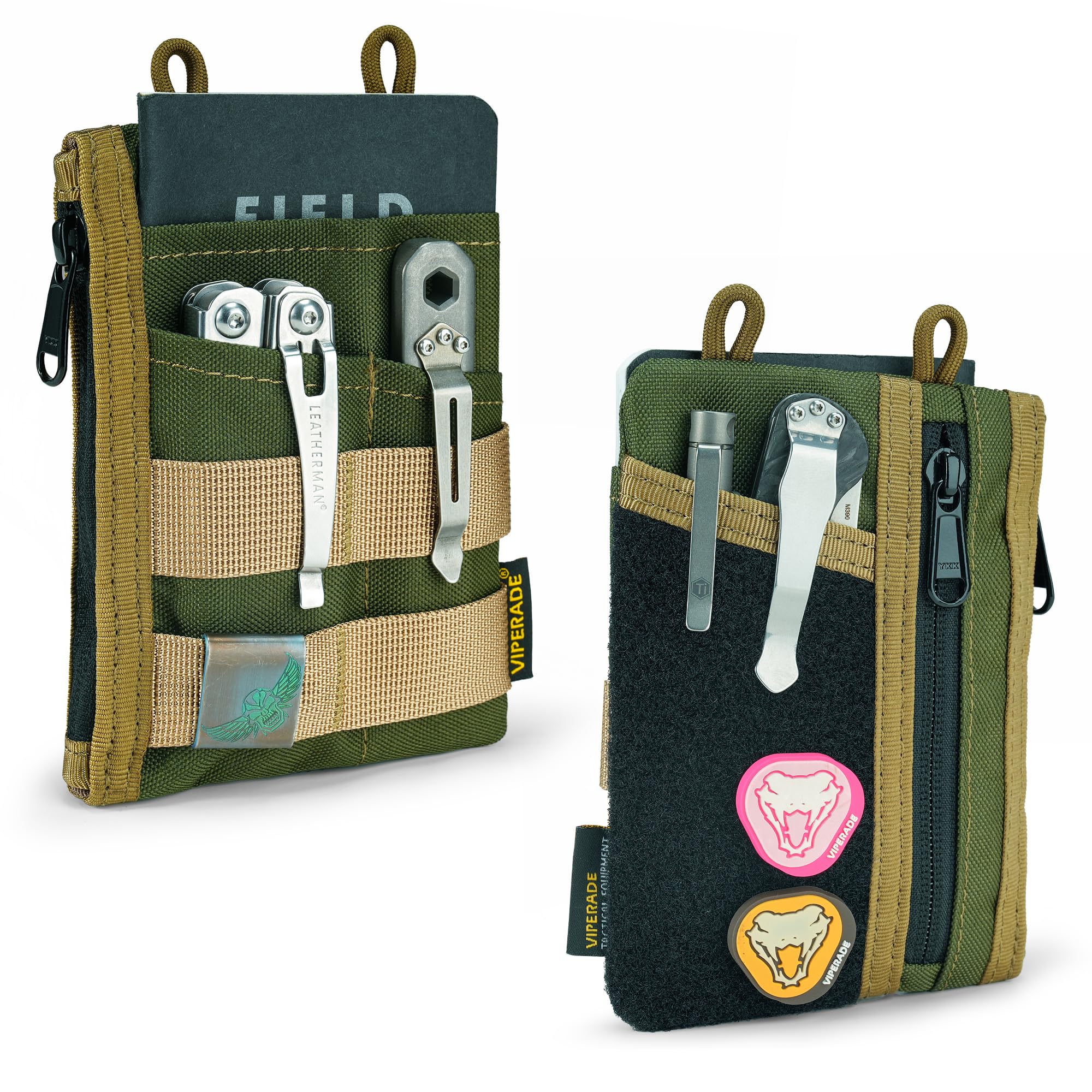 VIPERADE VE18 Small EDC Pouch Tool Organizer, Multifunction Small Tools Pouch with 6 Pockets, EDC Organizer for Men, Mini Pocket Organiser with Patches Area for DIY(Green+Khaki)
