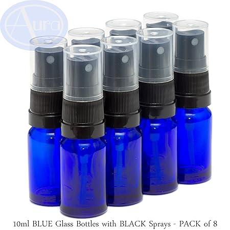 8er-PACKUNG - 10ml BLAUGLAS-Flaschen mit Schwarzen Sprüh-ZERSTÄUBERN. Ätherisches Öl / Verwendung in Aromatherapie