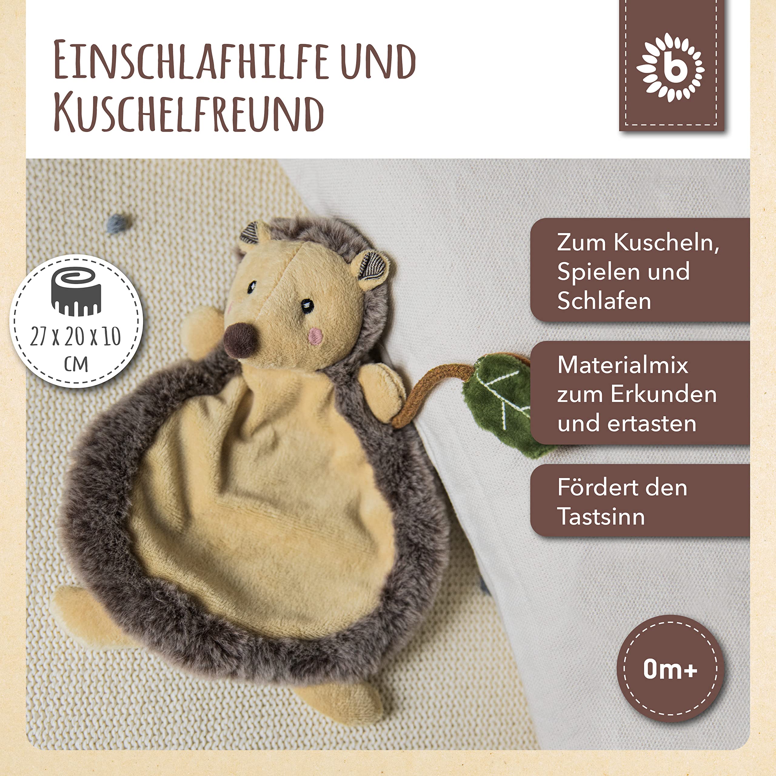 Bieco Baby-Igel Kuscheltier | Süßes Waldtiere-Geschenk aus Baumwolle | Schnuffeltuch und Schmusetuch mit Knister-Spielzeug 2