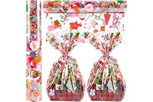 KOLEWO4EVER 100 Ft X 32 in Christmas Cellophane Wrap Roll Christmas Cellophane Bags Xmas Cellophane Wrap with Special Santa Claus Elk Christmas Tree for Christmas Gift Basket, Treat Wine(Christmas Pattern)