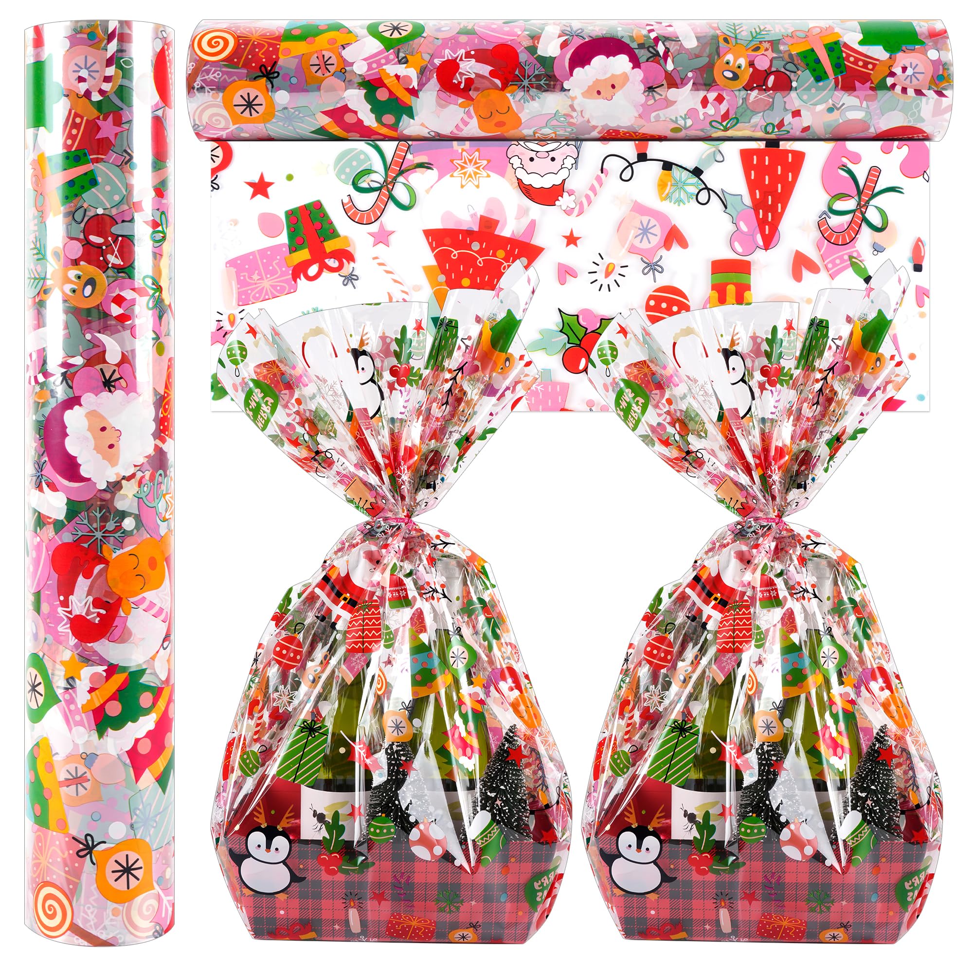 View 1 of 100 Ft X 32 in Christmas Cellophane Wrap Roll Christmas Cellophane Bags Xmas Cellophane Wrap with Special Santa Claus Elk Christmas Tree for Christmas Gift Basket, Treat Wine(Christmas Pattern)