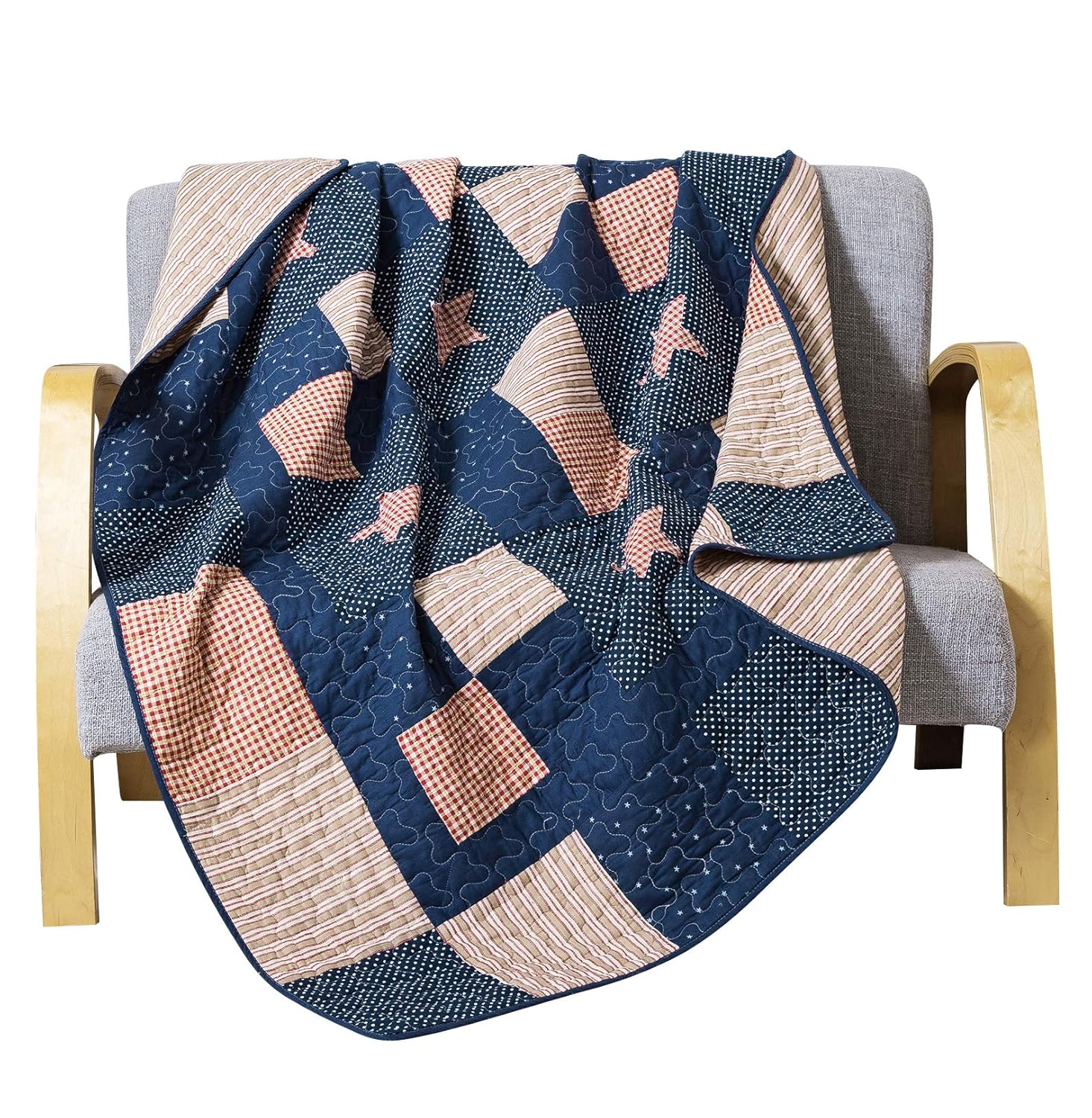 Soul & Lane Falling Stars Cotton Real Patchwork Quilted Throw (50" x 60") | Home Chic Multicolor Decorative Lap Throw Quilt for Bed Couch Sofa