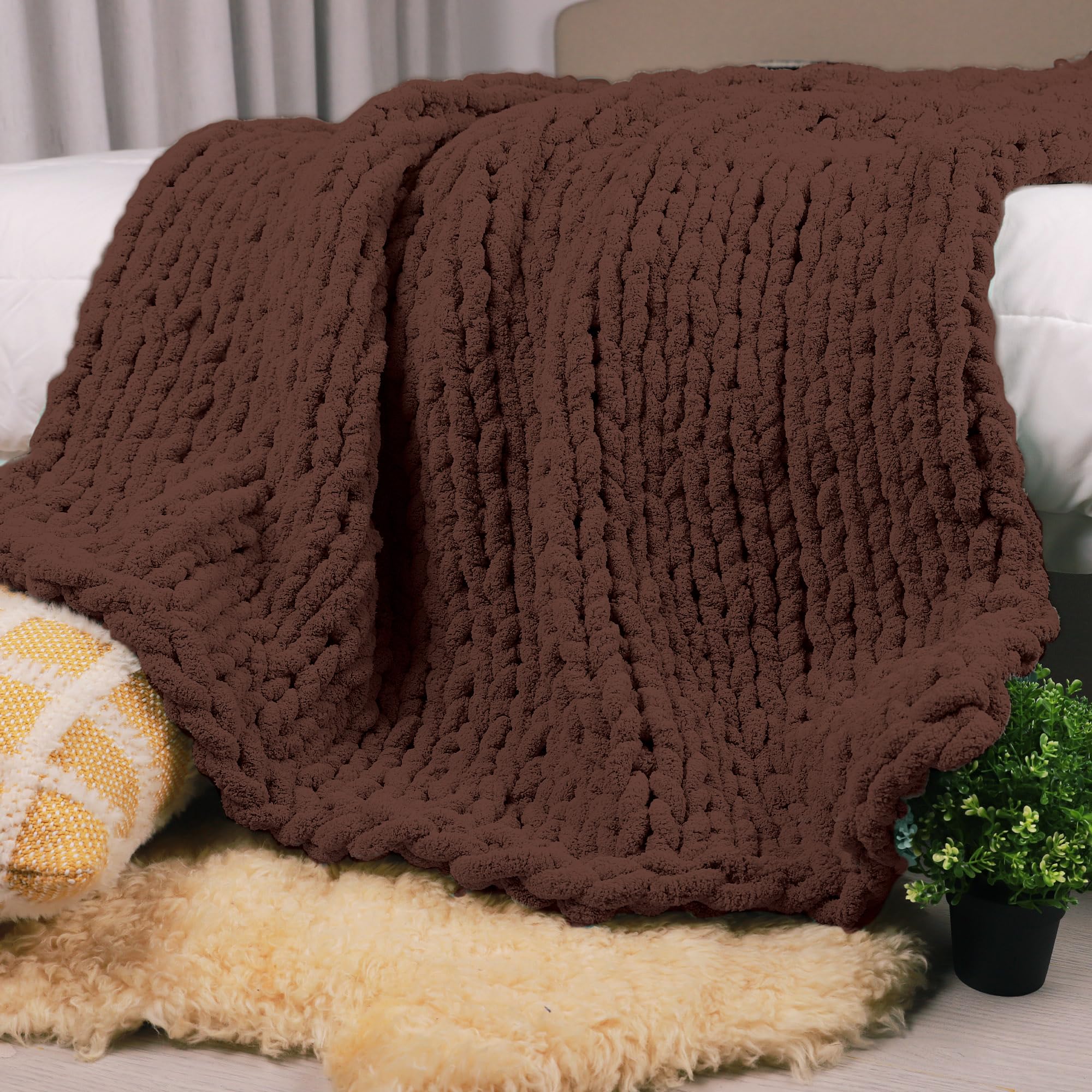 Photo 1 of Carriediosa Chunky Knit Throw Blanket 60" X 80" Twin, 100% Hand Made Large Chenille Loop Yarn Soft Fluffy Throws for Couch Sofa Bed, Big Crochet Cozy Heavy Thick Cable Woven Blanket, Cocoa Brown