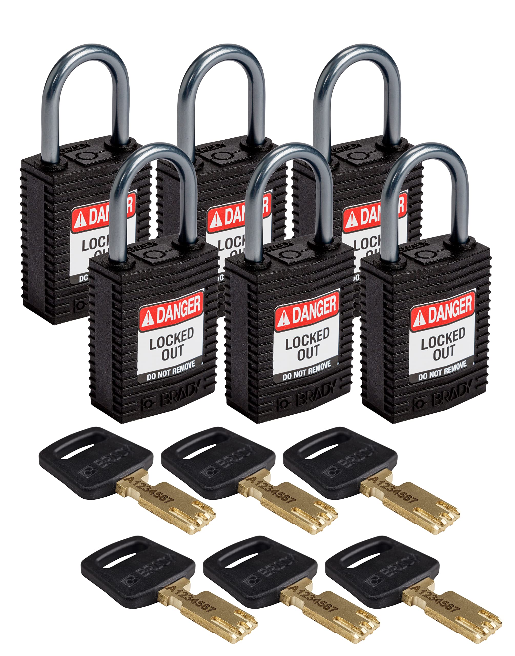 Brady CPT-BLK-25AL-KD6PK SafeKey Padlock, Black, 2.6 in H x 1.25 in W x 0.75 in D